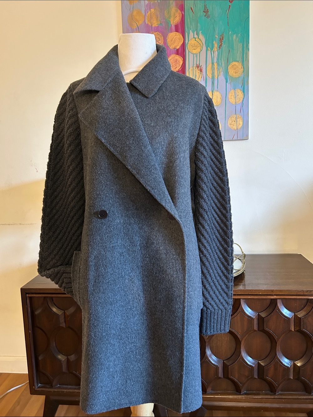 Vince Dark Gray Wool-Blend Trench Coat with Knit Sleeves